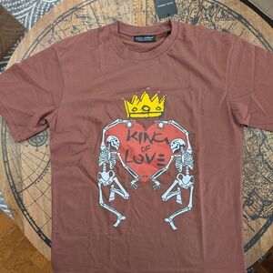 Brown Graphic Tee with Skeletons and Crown